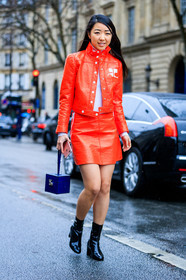 AUTUMN WINTER 2017-2018, AW 17-18, black boots, black shoes, blue bag, courrèges, FALL WINTER 2017-2018, fashion week, frenchystyle, full length, FW, FW 17-18, graphic bag, high heels, jonathan paciullo, leather bag, leather jacket, leather shoes, leather skirt, PARIS, PFW, red jacket, red skirt, street style, varnished leather shoes, vertical