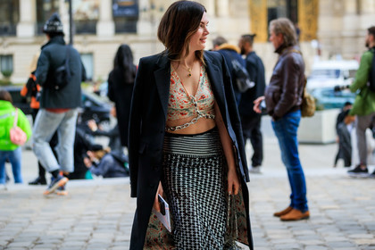 beige top, black coat, black skirt, crop top, glitter, graphic skirt, harness, madelynn furlong, over the shoulder, paco rabanne, printed skirt, printed top, sequined skirt, shiny skirt, PARIS, PFW, street style, jonathan paciullo, FW, frenchystyle, fashion week, AUTUMN WINTER 2019-2020, AW 19-20, FALL WINTER 2019-2020, FW 19-20, horizontal, atmosphere details, detail