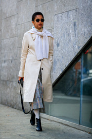 black and white, black shoes, checked, gingham, graphic skirt, leather shoes, plaid, printed skirt, sunglasses, tamu mcpherson, tied up sweater, white coat, white sweater, fashion week, frenchystyle, FW, jonathan paciullo, street style, MFW, MILAN, AUTUMN WINTER 2019-2020, AW 19-20, FALL WINTER 2019-2020, FW 19-20, vertical, full length