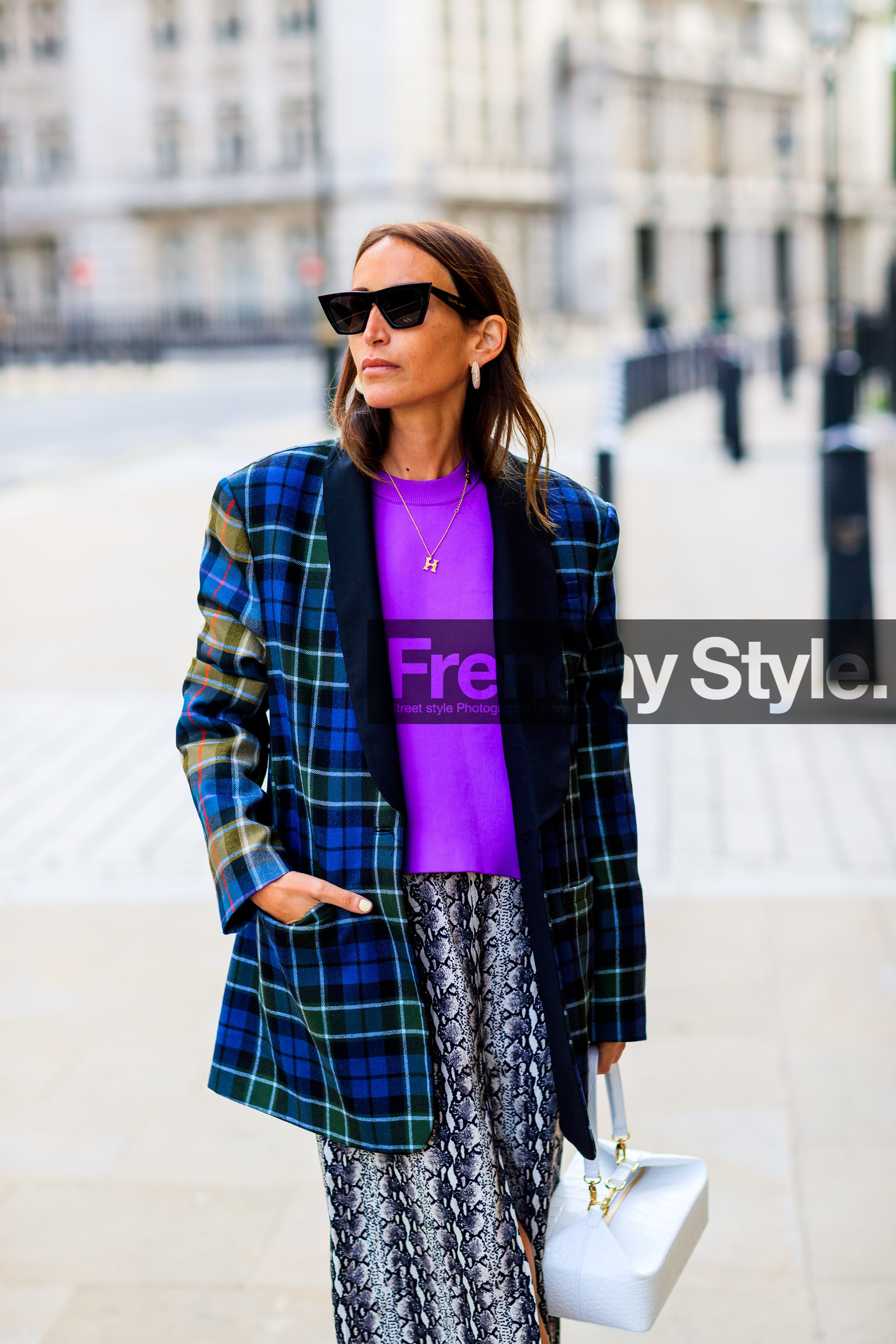 blazer, blue jacket, checked, chloe loulou de saison, graphic jacket, graphic skirt, grey skirt, leather bag, plaid, printed jacket, printed skirt, purple sweater, rejina pyo, sunglasses, tartan, white bag, fashion week, frenchystyle, FW, jonathan paciullo, street style, LFW, LONDON, SPRING SUMMER 2019, SS 19, vertical, detail, atmosphere details