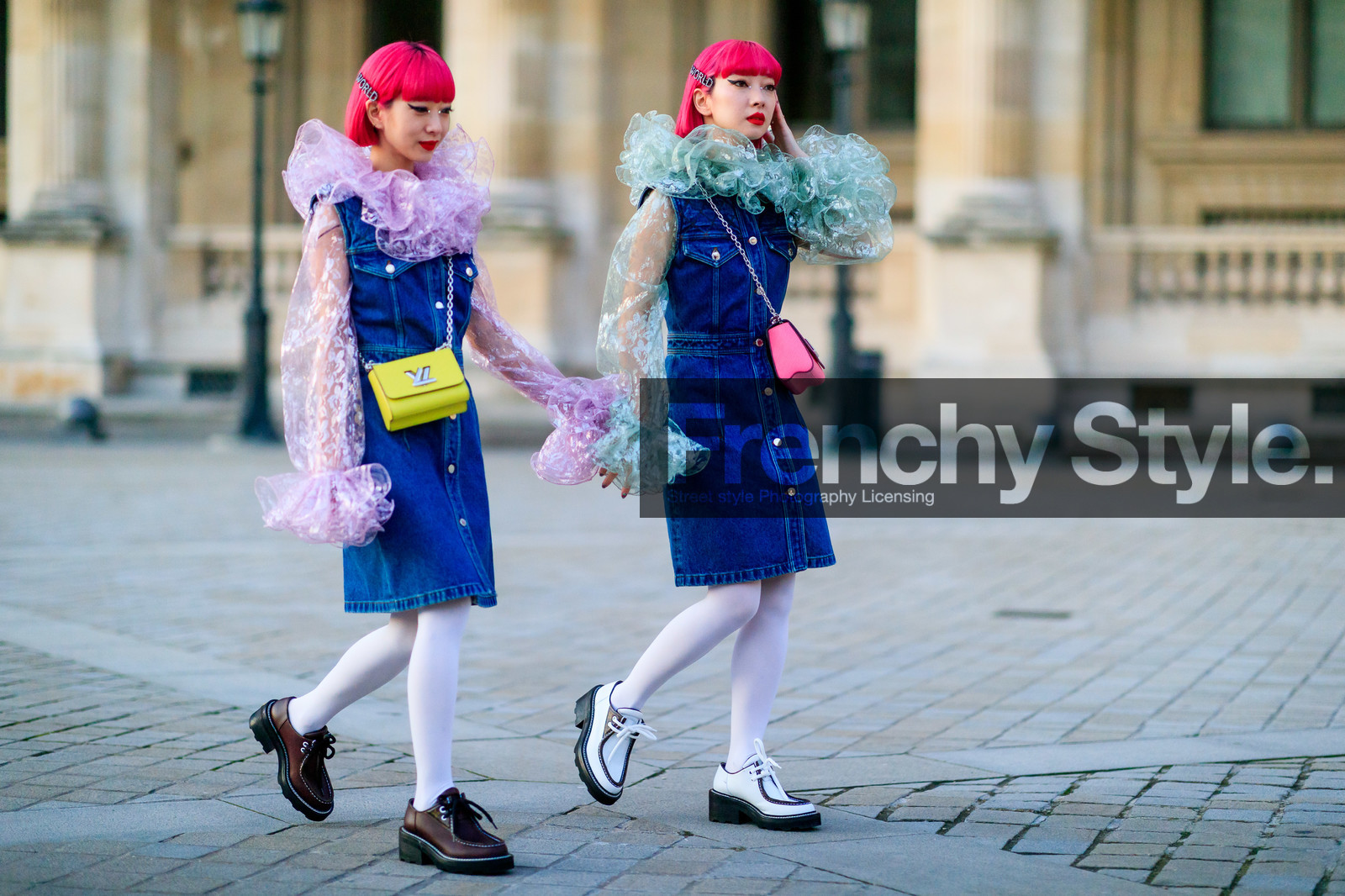 Ami and Aya Suzuki, pink hair, pink leather bag, light pink blouse, light blue blouse, blue dress, denim, denim dress, sleeveless dress, ruffle blouse, big collar, tulle blouse, sheer blouse, floral printed blouse, white tights, yellow leather bag, crossbody bag, silvered chain strap bag, brown leather derbies, white leather derbies, flat shoes, laced shoes, monogrammed shoes, strassed hair clip, hair clip, hair details, make up, make up details, strassed make up, louis vuitton bag, louis vuitton dress, louis vuitton shoes, fashion week, frenchystyle, FW, jonathan paciullo, street style, PFW, PARIS, horizontal, atmosphere details, full length