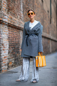 AUTUMN WINTER 2017-2018, AW 17-18, balenciaga, belted coat, black and white, black belt, checked coat, earrings, FALL WINTER 2017-2018, fashion week, frenchystyle, full length, FW, FW 17-18, gingham, glitter, graphic bag, graphic coat, jonathan paciullo, leather bag, leather belt, leather shoes, MFW, MILAN, nude shoes, plaid, printed bag, printed jacket, shiny pants, silver pants, street style, striped bag, sunglasses, sylvia haghjoo, trousers, vertical, white t shirt, yellow bag