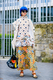 AUTUMN WINTER 2017-2018, AW 17-18, blue hair, dyed hair, FALL WINTER 2017-2018, fashion week, frenchystyle, full length, FW, FW 17-18, geometric, graphic shirt, graphic skirt, high heels, jonathan paciullo, leather bag, leather shoes, loewe, multicolor bag, multicolor skirt, PARIS, PFW, printed bag, printed shirt, printed skirt, ruffles, sita abellan, street style, sunglasses, vertical, white shirt, yellow skirt