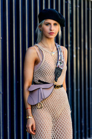 beret, black belt, black hat, caro daur, christian dior, fishnet, leather bag, leather belt, nude dress, pink bag, saddle bag, see through, PARIS, PFW, street style, jonathan paciullo, FW, frenchystyle, fashion week, AUTUMN WINTER 2019-2020, AW 19-20, FALL WINTER 2019-2020, FW 19-20, vertical, atmosphere details, detail