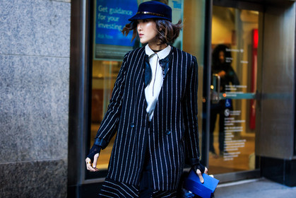 atmosphere details, AUTUMN WINTER 2016-2017, AW 16-17, black, black jacket, black skirt, blue cap, blue hat, bordeaux, Chriselle Lim, detail, embroidered jacket, fashion week, frenchystyle, FW, FW 16-17, geometric, graphic, graphic jacket, high heels, horizontal, jonathan paciullo, layers, leather boots, long skirt, NEW YORK, NYFW, origami, pleated skirt, pleats, red boots, street style, striped jacket, velvet, white, white shirt, woman
