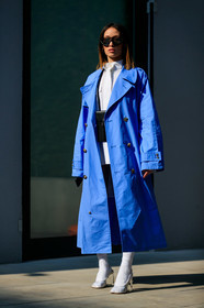 alexandra guerain, black bag, blue coat, high heels, leather bag, leather shoes, mini bag, sunglasses, transparent shoes, white shirt, white shoes, white socks, MILAN, MFW, fashion week, frenchystyle, FW, jonathan paciullo, street style, AUTUMN WINTER 2019-2020, AW 19-20, FALL WINTER 2019-2020, FW 19-20, vertical, full length