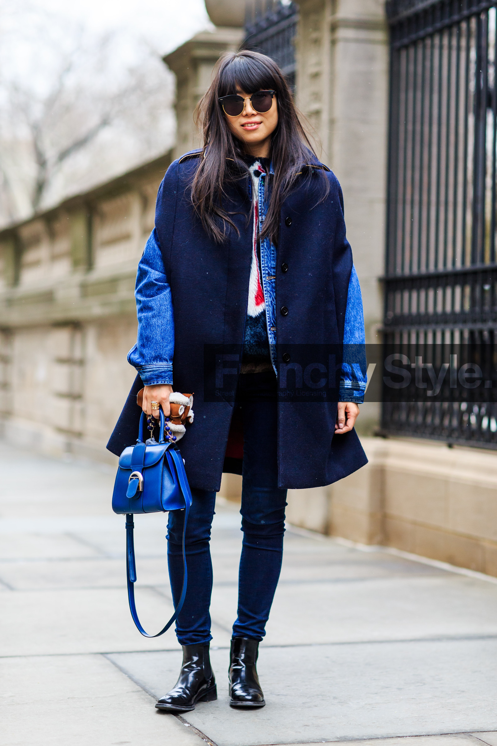 AUTUMN WINTER 2016-2017, AW 16-17, black boots, blue bag, blue coat, blue denim, cape, denim jacket, denim pants, fashion week, frenchystyle, full length, FW, FW 16-17, jeans, jonathan paciullo, leaf greener, leather bag, leather boots, navy jacket, NEW YORK, NYFW, street style, sunglasses, trousers, vertical, woman