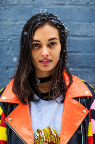 atmosphere details, AUTUMN WINTER 2016-2017, AW 16-17, black, chocker, detail, embroidered sweater, embroideries, fashion week, frenchystyle, FW, FW 16-17, gizele oliveira, grey sweater, jonathan paciullo, leather jacket, leather perfecto, model, multicolor jacket, necklace, NEW YORK, NYFW, orange, pink, printed sweater, red, street style, vertical, white, woman, yellow