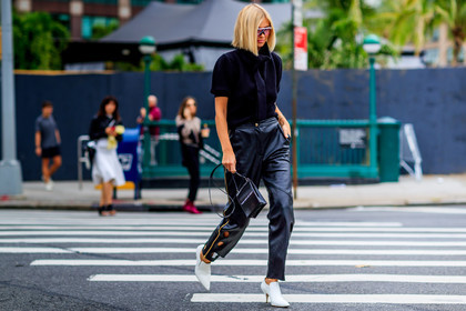 black bag, black pants, black sweater, high heels, leather bag, leather pants, leather shoes, sunglasses, trousers, white boots, xenia adonts, fashion week, frenchystyle, FW, jonathan paciullo, street style, NYFW, NEW YORK, SPRING SUMMER 2019, SS 19, atmosphere details, horizontal, full length