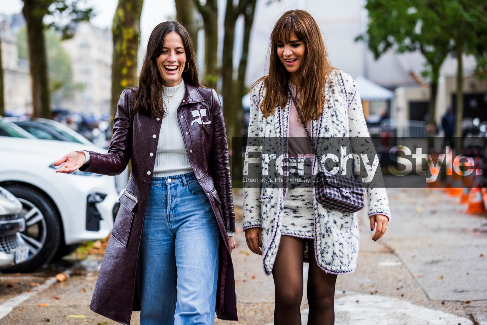 Astrid Boutrot, Laure Hériard-Dubreuil, blue denim, blue jean, burgundy coat, coat, courreges coat, denim, flare denim, flare jean, flare pants, chanel bag, jean, leather coat, ribbed top, white top, bag, black bag, chanel look, check, checked bag, jacket, pink bag, pink t-shirt, print, short skirt, skirt, t-shirt, tweed bag, tweed jacket, tweed skirt, white jacket, white skirt, fashion week, frenchystyle, FW, jonathan paciullo, street style, PFW, PARIS, SPRING SUMMER 2022, SS 22, horizontal, atmosphere details