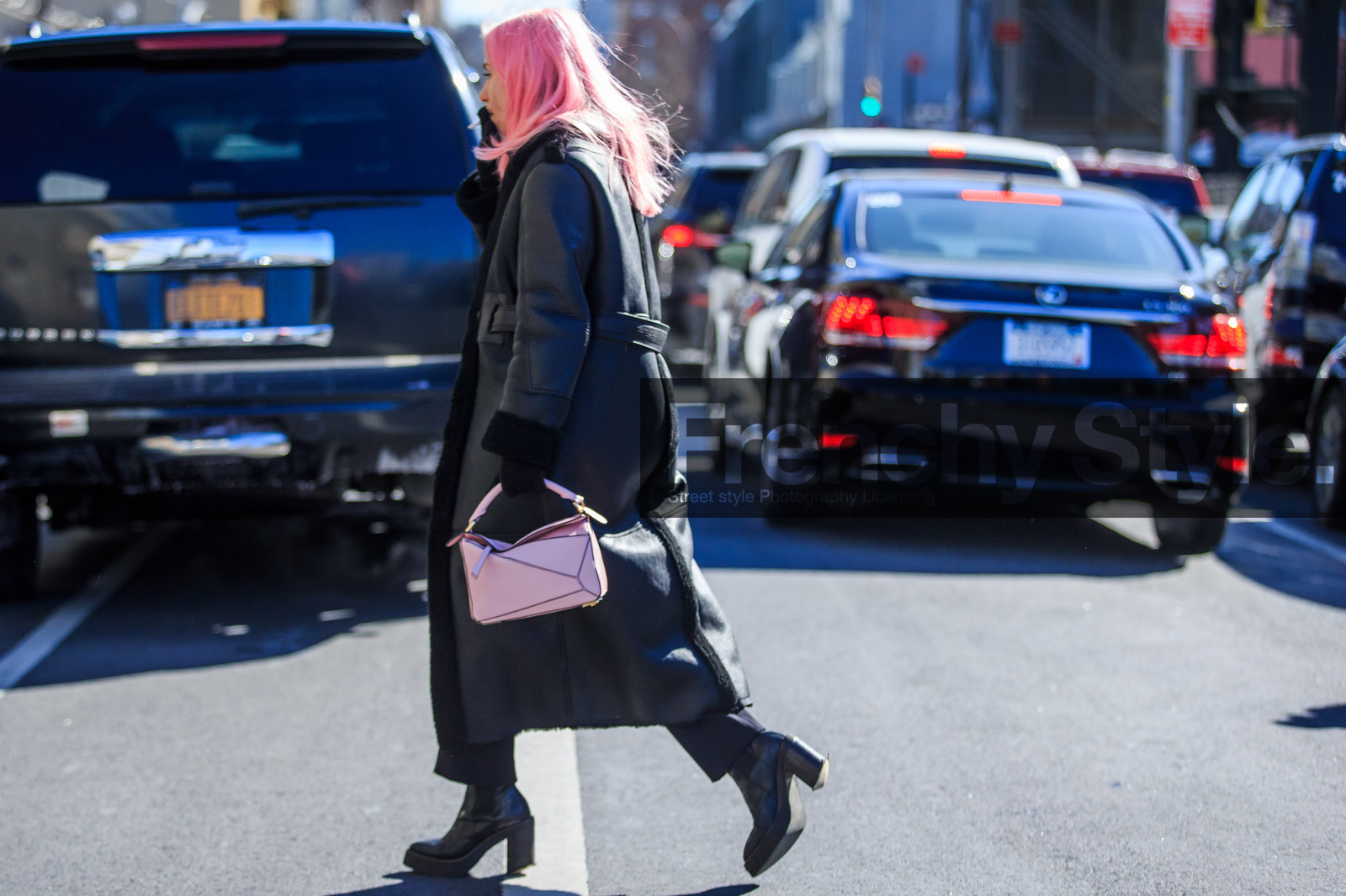 atmosphere details, AUTUMN WINTER 2016-2017, AW 16-17, black boots, black coat, dyed hair, fashion week, frenchystyle, full length, FW, FW 16-17, high heels, horizontal, isabella burley, jonathan paciullo, leather bag, leather boots, leather coat, loewe, long coat, NEW YORK, NYFW, pink bag, pink hair, street style, woman