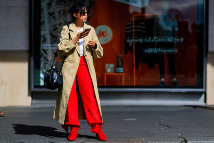 atmosphere details, beige coat, black bag, fashion week, frenchystyle, full length, FW, givenchy, horizontal, jonathan paciullo, leather bag, leather shoes, margaret zhang, overcoat, PARIS, PFW, red boots, red pants, SPRING SUMMER 2017, SS 17, street style, sunglasses, trousers