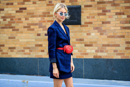 atmosphere details, blazer, blue jacket, blue skirt, caro daur, checked jacket, checked skirt, detail, fanny pack, fashion week, frenchystyle, FW, gucci, horizontal, jonathan paciullo, leather bag, necklace, NEW YORK, NYFW, plaid, red bag, SPRING SUMMER 2018, SS 18, street style, sunglasses