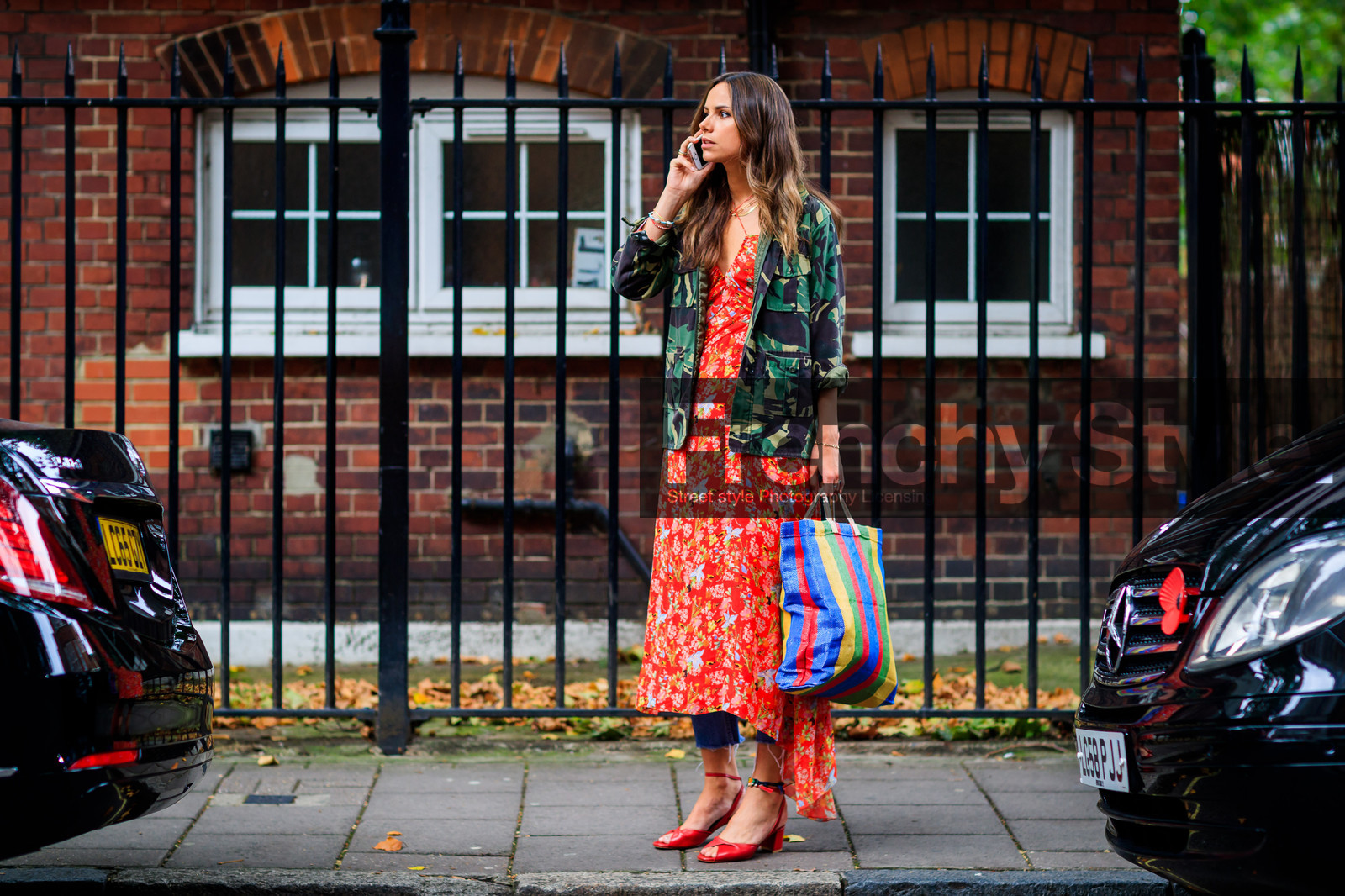 atmosphere details, camo jacket, camouflage, fashion week, floral, flowers, frenchystyle, full length, FW, graphic bag, graphic dress, graphic jacket, green jacket, high heels, horizontal, jonathan paciullo, leather bag, leather shoes, LFW, LONDON, multicolor bag, olga karput, printed bag, printed dress, printed jacket, red dress, red shoes, SPRING SUMMER 2018, SS 18, street style, striped bag