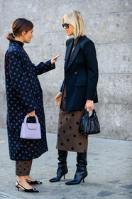 black bag, black jacket, black shoes, blazer, brown dress, brown pants, chanel handbag, gala gonzalez, graphic dress, graphic jacket, high boots, high heels, leather bag, leather shoes, linda tol, navy coat, polka dot, printed dress, printed jacket, purple bag, sunglasses, MILAN, MFW, fashion week, frenchystyle, FW, jonathan paciullo, street style, AUTUMN WINTER 2019-2020, AW 19-20, FALL WINTER 2019-2020, FW 19-20, vertical, full length