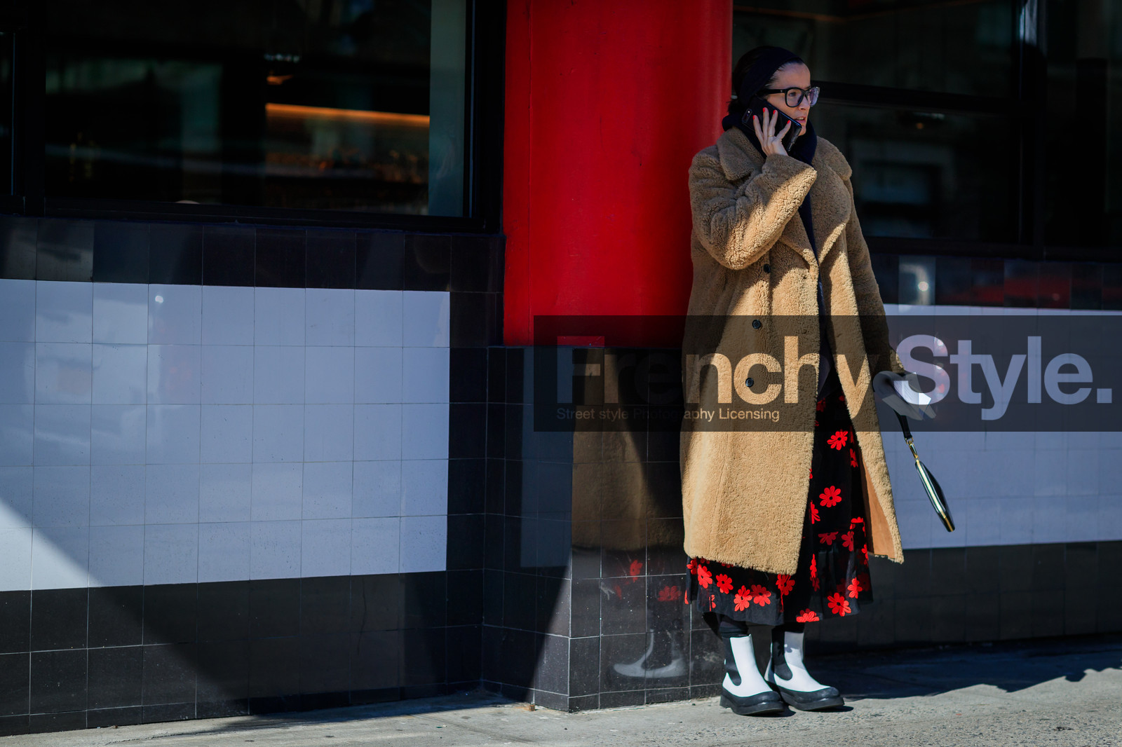 beige jacket, black bag, black skirt, black sweater, camel coat, céline, embroidered skirt, floral, flowers, Fur coat, graphic skirt, headband, hoodie, leather bag, leather shoes, printed skirt, shearling, sunglasses, white boots, street style, jonathan paciullo, FW, frenchystyle, fashion week, NYFW, NEW YORK, AUTUMN WINTER 2018-2019, AW 18-19, FALL WINTER 2018-2019, FW 18-19, atmosphere details, horizontal, full length, Lucy Chadwick