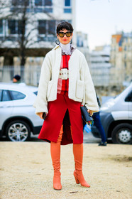 AUTUMN WINTER 2017-2018, AW 17-18, black bag, earrings, FALL WINTER 2017-2018, fashion week, frenchystyle, full length, FW, FW 17-18, high boots, high heels, jonathan paciullo, jw anderson, leather shoes, orange shoes, PARIS, PFW, printed sweater, red skirt, red sweater, street style, striped sweater, sunglasses, turtleneck sweater, vertical, white belt, white jacket, white sweater