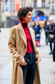 black denim, camel coat, denim pants, earrings, jeans, printed coat, red sweater, trousers, fashion week, frenchystyle, FW, jonathan paciullo, street style, PFW, PARIS, SPRING SUMMER 2017, SS 17, HAUTE COUTURE, vertical, detail, yasmin sewell
