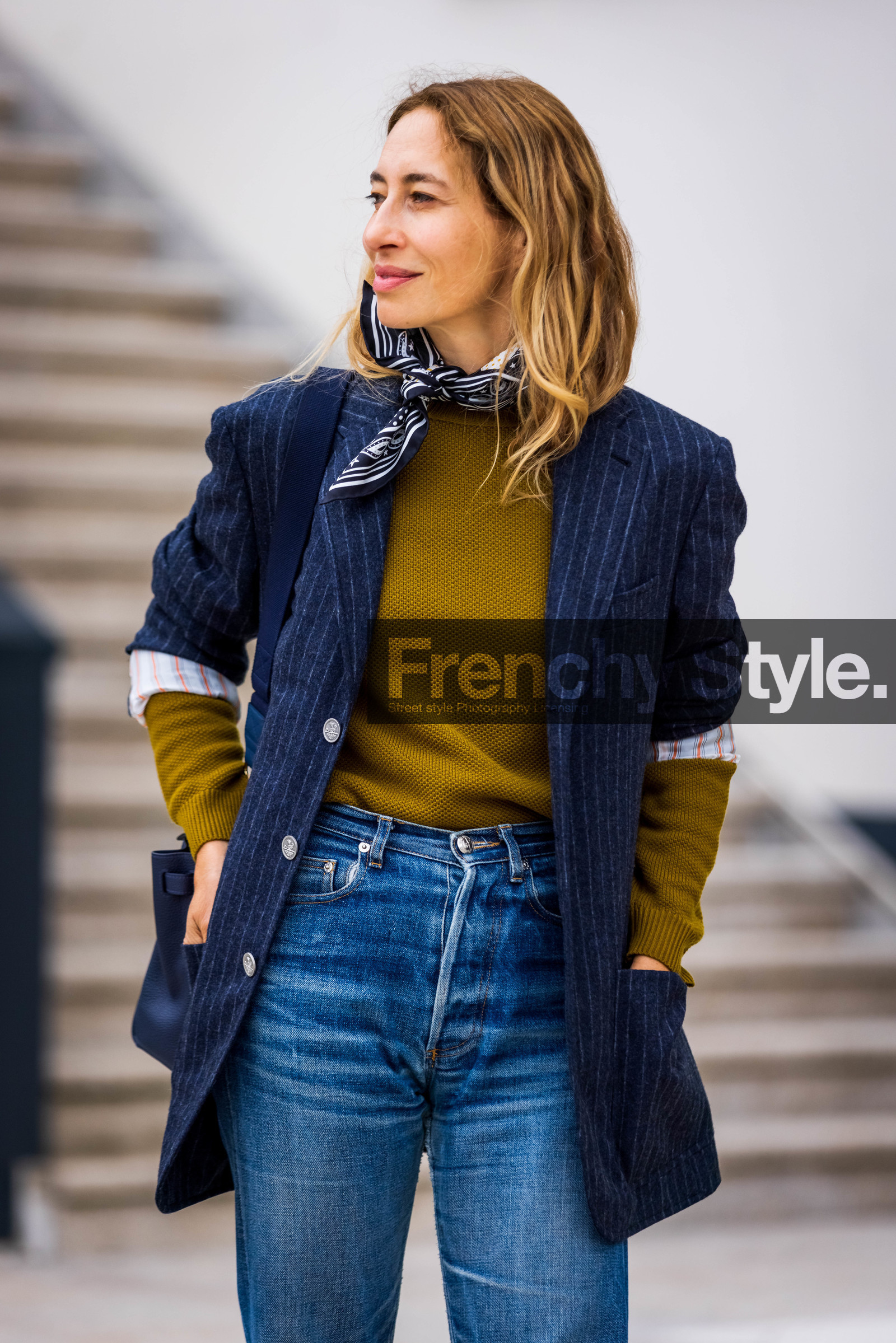Alexandra Golovanoff, blazer, blue denim, blue jean, denim, jean, khaki knitwear, knitwear, navy blazer, navy scarf, printed scarf, scarf, striped blazer, stripes, PARIS, PFW, fashion week, frenchystyle, FW, jonathan paciullo, street style, SPRING SUMMER 2022, SS 22, vertical, atmosphere details