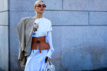 beige jacket, blazer, brown belt, leather bag, leather belt, loewe, over the shoulder, sunglasses, tods, viktoria rader, white bag, white dress, MILAN, MFW, fashion week, frenchystyle, FW, jonathan paciullo, street style, AUTUMN WINTER 2019-2020, AW 19-20, FALL WINTER 2019-2020, FW 19-20, atmosphere details, detail, horizontal