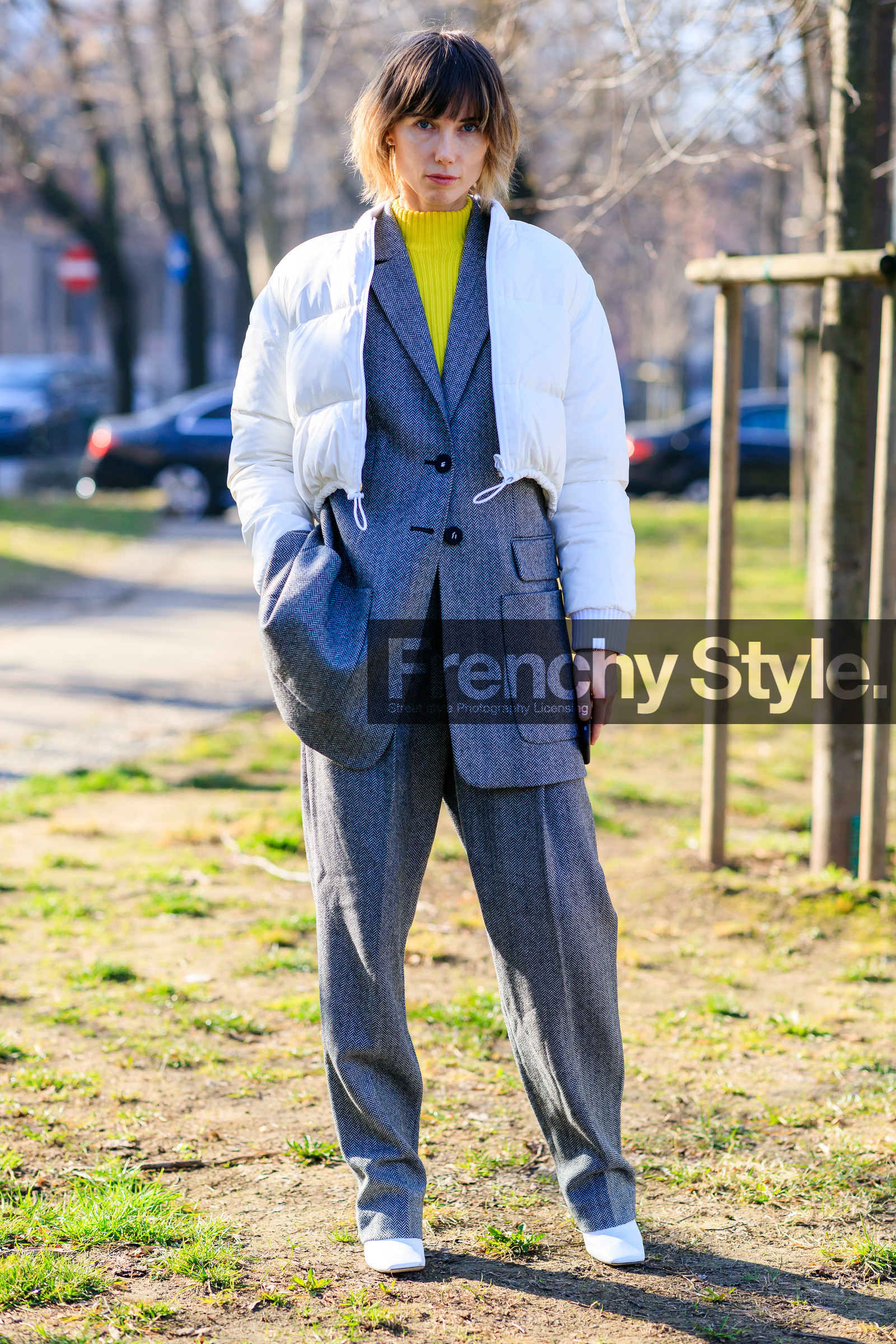 anya ziourova, down jacket, grey jacket, grey pants, grey suit, leather shoes, trousers, white jacket, white shoes, yellow sweater, MILAN, MFW, fashion week, frenchystyle, FW, jonathan paciullo, street style, AUTUMN WINTER 2019-2020, AW 19-20, FALL WINTER 2019-2020, FW 19-20, vertical, full length