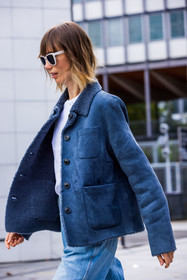 Anya Ziourova, blue denim, blue jacket, blue jean, denim, jacket, jean, suede jacket, sunglasses, t-shirt, white sunglasses, white t-shirt, fashion week, frenchystyle, FW, jonathan paciullo, street style, PFW, PARIS, SPRING SUMMER 2022, SS 22, vertical, atmosphere details