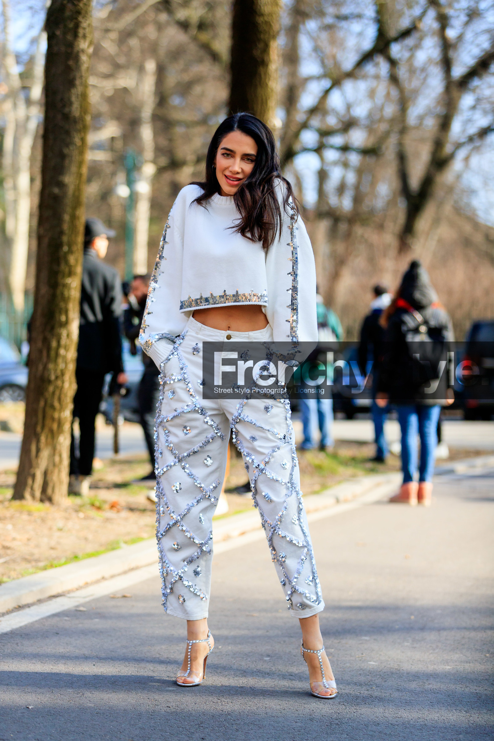 denim pants, embroidered jeans, glitter, graphic pants, high heels, jeans, jessica kahawaty, leather shoes, printed pants, sequined pants, sequined shoes, shiny shoes, transparent shoes, trousers, white denim, white pants, white sweater, MILAN, MFW, fashion week, frenchystyle, FW, jonathan paciullo, street style, AUTUMN WINTER 2019-2020, AW 19-20, FALL WINTER 2019-2020, FW 19-20, vertical, full length