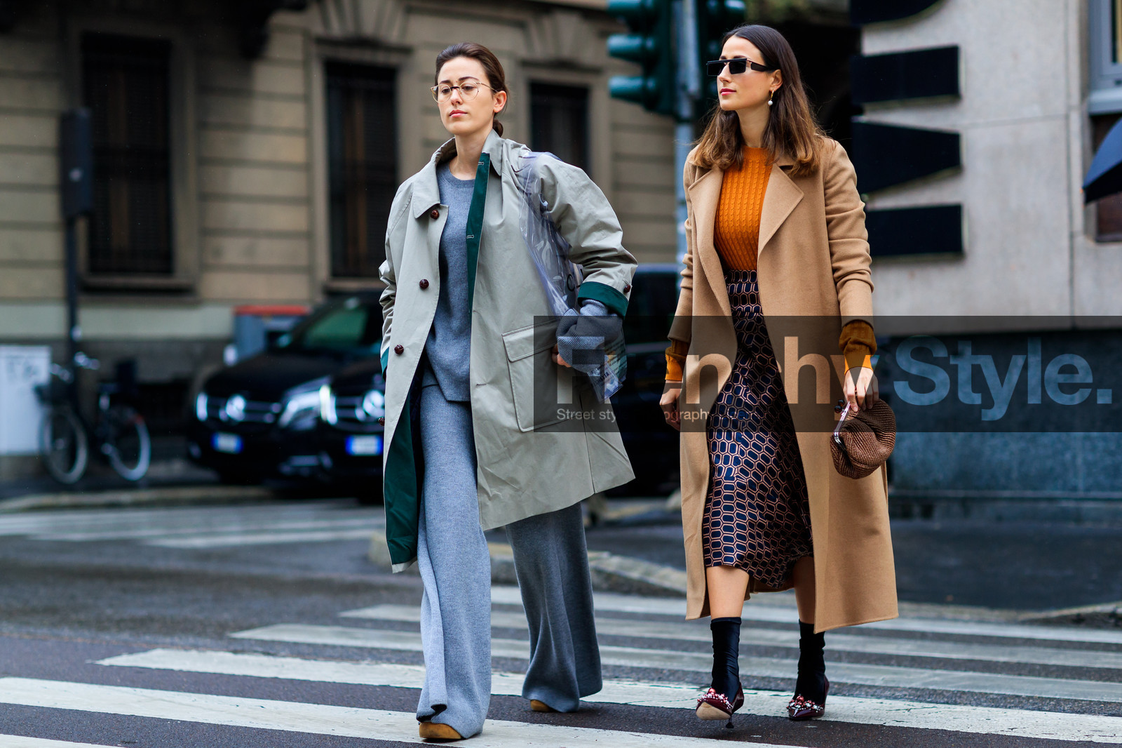 black socks, blue bag, brown bag, camel coat, céline, graphic skirt, grey coat, grey pants, grey sweater, high heels, leather bag, leather shoes, orange sweater, printed skirt, red shoes, sunglasses, transparent bag, trousers, wide pants, fashion week, frenchystyle, FW, jonathan paciullo, street style, MFW, MILAN, AUTUMN WINTER 2018-2019, FALL WINTER 2018-2019, FW 18-19, horizontal, atmosphere details, full length, sylvia haghjoo, julia haghjoo