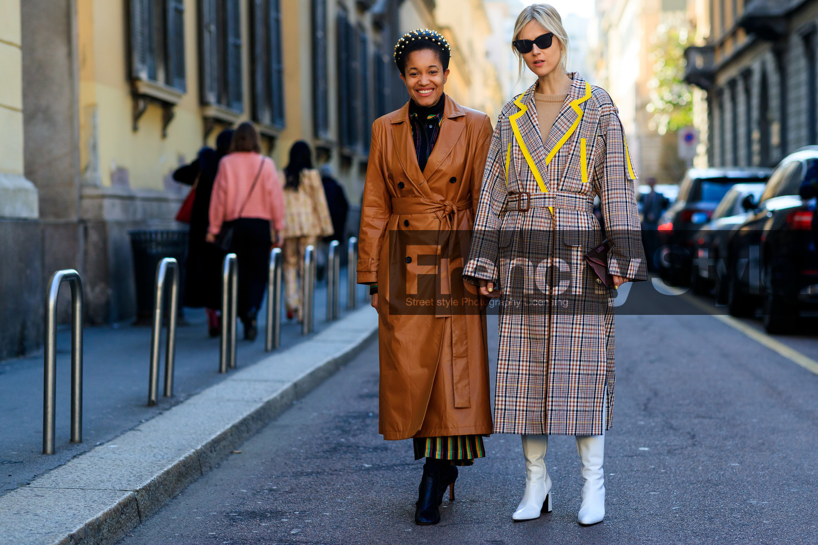 beige coat, black shoes, brown coat, checked, graphic jacket, headband, high heels, leather coat, leather shoes, linda tol, plaid, printed jacket, studs, sunglasses, tamu mcpherson, trench coat, white shoes, MILAN, MFW, fashion week, frenchystyle, FW, jonathan paciullo, street style, AUTUMN WINTER 2019-2020, AW 19-20, FALL WINTER 2019-2020, FW 19-20, atmosphere details, full length, horizontal