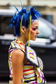 blue hair, bun, closeup, color, detail, dress, eyeliner, hairstyle, makeup, pink eyeliner, printed dress, Sita Abellan, stripes, street style, jonathan paciullo, FW, frenchystyle, fashion week, PFW, PARIS, SPRING SUMMER 2022, SS 22, vertical, atmosphere details