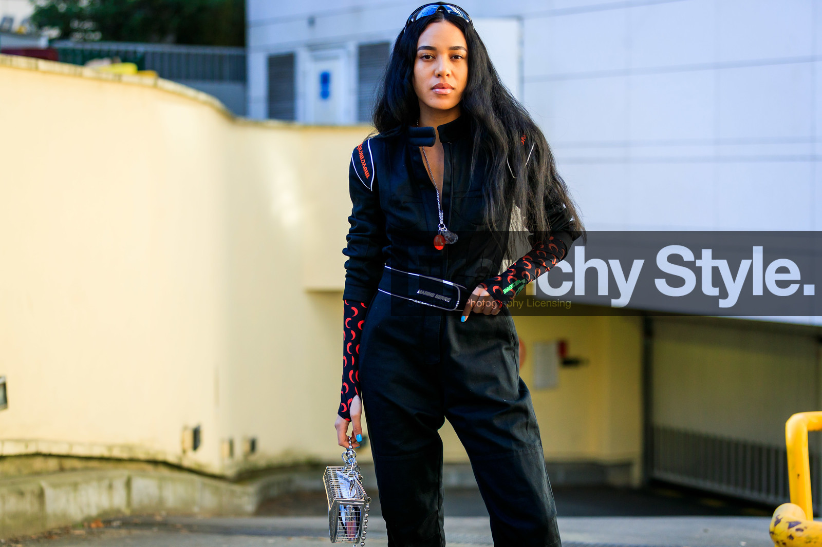 aleali may, black jumpsuit, graphic bag, leather bag, marine serre, printed bag, sunglasses, transparent bag, trousers, fashion week, frenchystyle, FW, jonathan paciullo, street style, PFW, PARIS, AUTUMN WINTER 2019-2020, AW 19-20, FALL WINTER 2019-2020, FW 19-20, horizontal, atmosphere details, detail