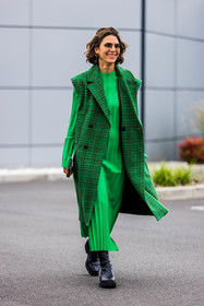 aviator sunglasses, black boots, boots, check, dress, fluo green dress, fluo green jacket, green jacket, jacket, Jen Azoulay, leather boots, pleated dress, sleeveless jacket, sunglasses, tartan jacket, PARIS, PFW, fashion week, frenchystyle, FW, jonathan paciullo, street style, SPRING SUMMER 2022, SS 22, vertical, full length