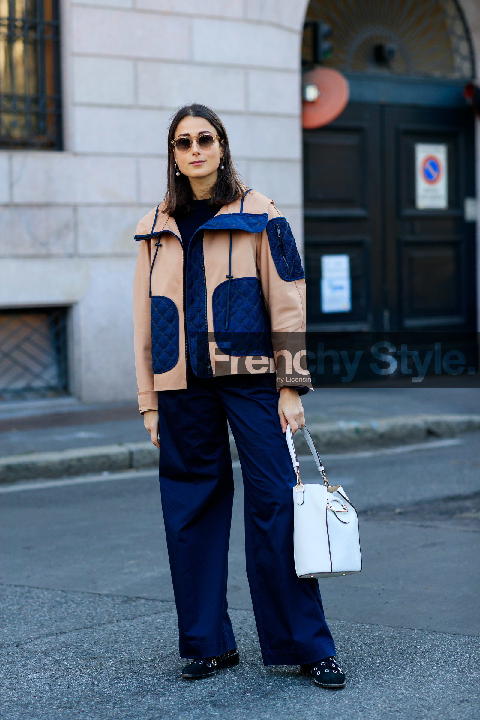 beige jacket, black shoes, earrings, graphic jacket, julia haghjoo, leather bag, leather shoes, navy pants, pearls, printed jacket, sunglasses, trousers, white bag, MILAN, MFW, fashion week, frenchystyle, FW, jonathan paciullo, street style, AUTUMN WINTER 2019-2020, AW 19-20, FALL WINTER 2019-2020, FW 19-20, vertical, full length