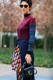 black bag, chloé, floral, flowers, graphic skirt, grey sweater, leather bag, navy skirt, printed skirt, red sweater, sunglasses, velvet, yasmin sewell, PARIS, PFW, street style, jonathan paciullo, FW, frenchystyle, fashion week, AUTUMN WINTER 2019-2020, AW 19-20, FALL WINTER 2019-2020, FW 19-20, vertical, atmosphere details, detail