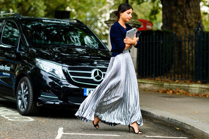 atmosphere details, black sandals, blue sweater, fashion week, frenchystyle, full length, FW, high heels, horizontal, jonathan paciullo, leather shoes, LFW, LONDON, long skirt, navy sweater, pleated skirt, pleats, shiny skirt, silver skirt, SPRING SUMMER 2017, SS 17, street style, woman