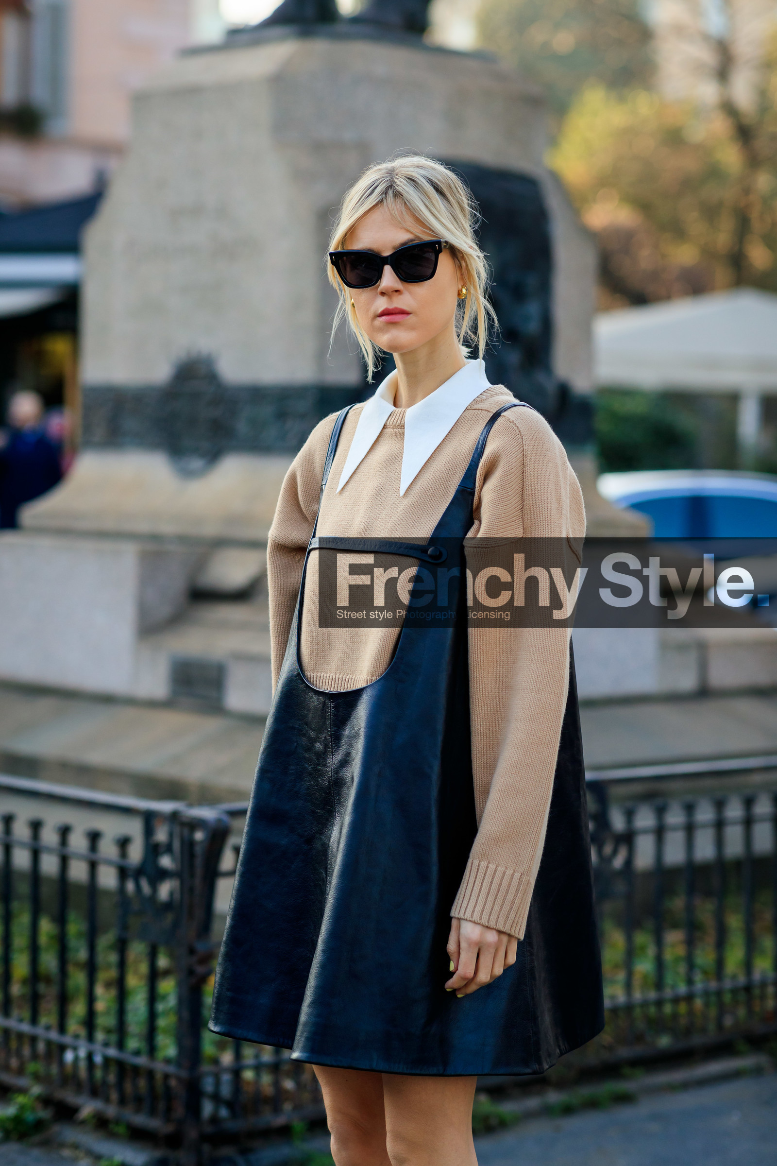 black dress, camel sweater, leather dress, linda tol, sunglasses, MILAN, MFW, fashion week, frenchystyle, FW, jonathan paciullo, street style, AUTUMN WINTER 2019-2020, AW 19-20, FALL WINTER 2019-2020, FW 19-20, vertical, atmosphere details, detail