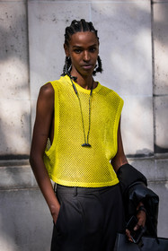 afro braid, black pants, braid, color, hairstyle, menswear, top, yellow top, street style, jonathan paciullo, FW, frenchystyle, fashion week, PFW, PARIS, SPRING SUMMER 2022, SS 22, vertical, atmosphere details, model