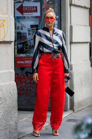nina suess, armani total look, armani jacket, armani pants, armani sunglasses, red sunglasses, futurist shape sunglasses, striped jacket, black leather jacket, white leather jacket, zipped jacket, strassed belt, armani belt, laced sandals, velvet sandals, nude sandals, open toe shoes, fashion week, frenchystyle, FW, jonathan paciullo, street style, MFW, MILAN, SPRING SUMMER 2020, SS 20