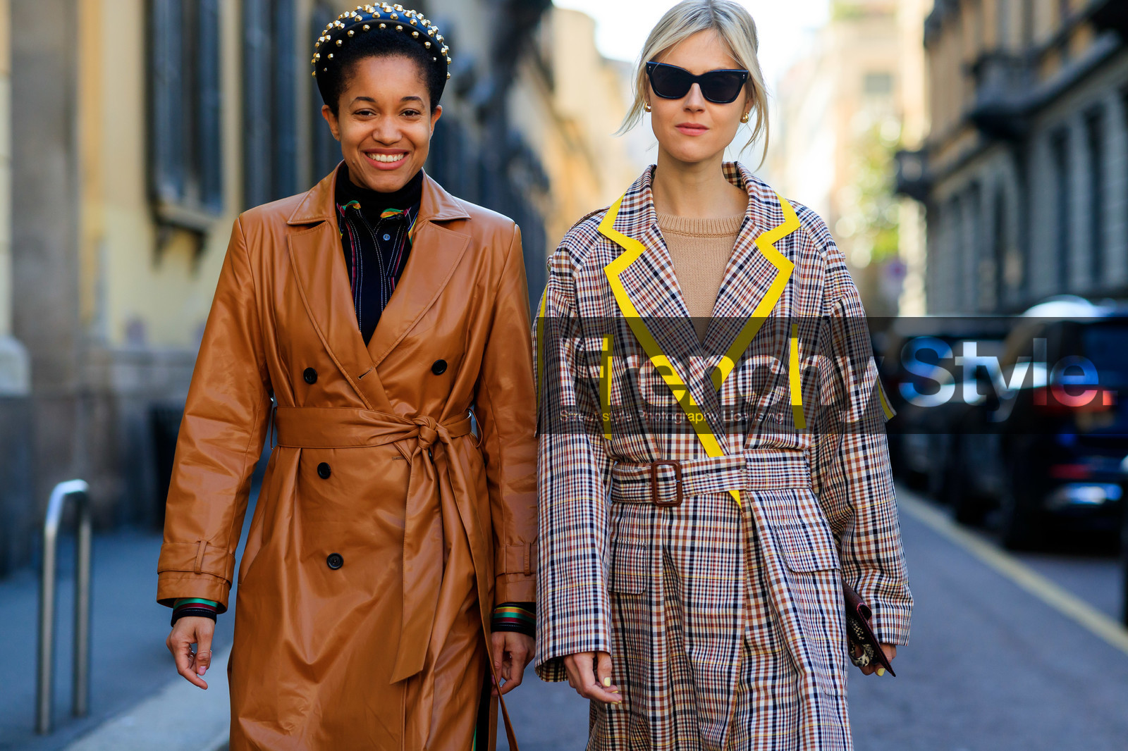 beige coat, brown coat, checked, graphic jacket, headband, leather coat, linda tol, plaid, printed jacket, studs, sunglasses, tamu mcpherson, trench coat, MILAN, MFW, fashion week, frenchystyle, FW, jonathan paciullo, street style, AUTUMN WINTER 2019-2020, AW 19-20, FALL WINTER 2019-2020, FW 19-20, atmosphere details, detail, horizontal