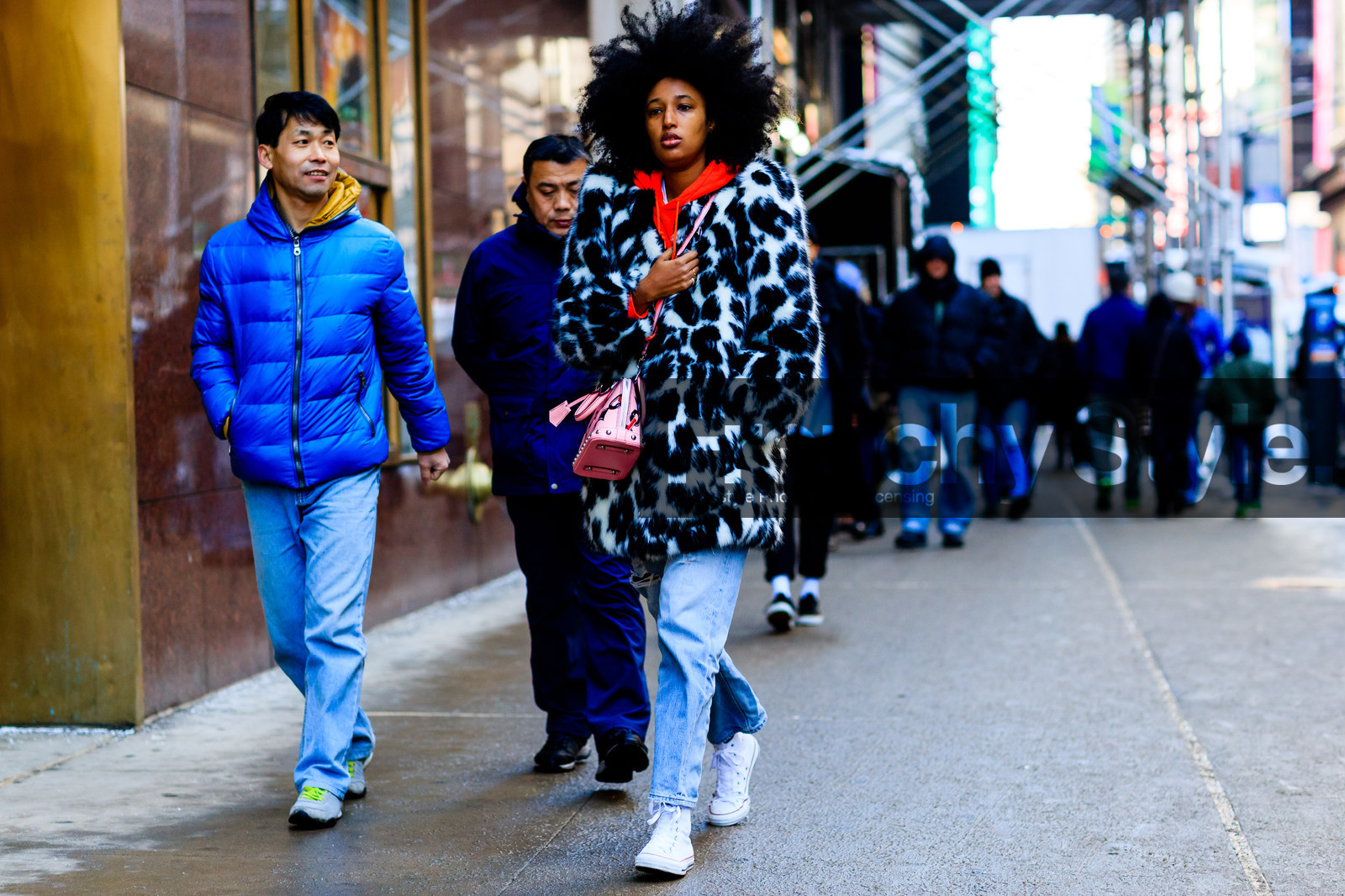 atmosphere details, AUTUMN WINTER 2017-2018, AW 17-18, black and white jacket, blue denim, converse, denim pants, FALL WINTER 2017-2018, fashion week, frenchystyle, full length, fur jacket, FW, FW 17-18, horizontal, jeans, jonathan paciullo, julia sarr-jamois, leather bag, louis vuitton, NEW YORK, NYFW, pink bag, printed jacket, red sweater, shiny bag, street style, trousers, white sneakers