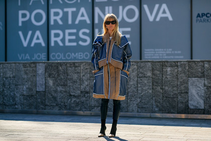 black leggings, black shoes, céline, graphic jacket, grey coat, high heels, jeanette madsen, leather shoes, printed jacket, sunglasses, trousers, MILAN, MFW, fashion week, frenchystyle, FW, jonathan paciullo, street style, AUTUMN WINTER 2019-2020, AW 19-20, FALL WINTER 2019-2020, FW 19-20, atmosphere details, full length, horizontal