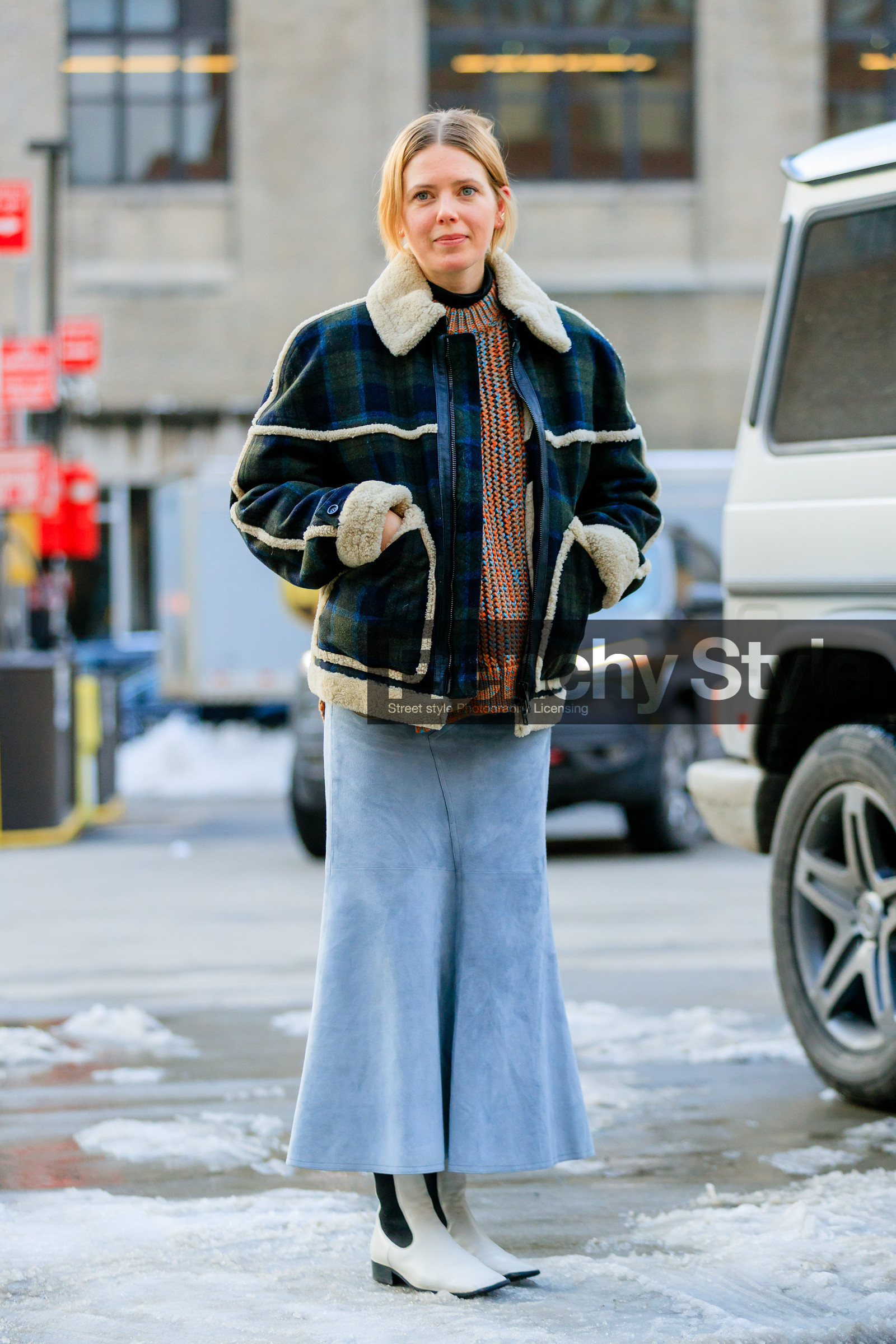 AUTUMN WINTER 2017-2018, AW 17-18, blue skirt, checked jacket, FALL WINTER 2017-2018, fashion week, frenchystyle, full length, FW, FW 17-18, green jacket, jonathan paciullo, megan bowman gray, megan bowman grey, NEW YORK, NYFW, plaid, printed jacket, shearling, street style, tartan, vertical, white boots