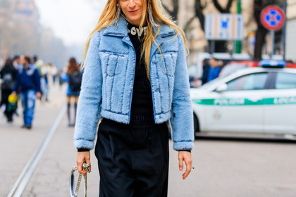ada kokosar, atmosphere details, AUTUMN WINTER 2017-2018, AW 17-18, black jumpsuit, black pants, black sweater, blue fur coat, blue jacket, detail, earrings, FALL WINTER 2017-2018, fashion week, fendi, frenchystyle, fur jacket, FW, FW 17-18, horizontal, jonathan paciullo, MFW, MILAN, street style, trousers