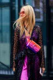 black dress, Charlotte Groeneveld, chloé, graphic bag, graphic dress, graphic jacket, leather bag, pink bag, pink dress, printed bag, printed dress, printed jacket, purple bag, ruffles, see through, sunglasses, PARIS, PFW, street style, jonathan paciullo, FW, frenchystyle, fashion week, AUTUMN WINTER 2019-2020, AW 19-20, FALL WINTER 2019-2020, FW 19-20, vertical, atmosphere details, detail