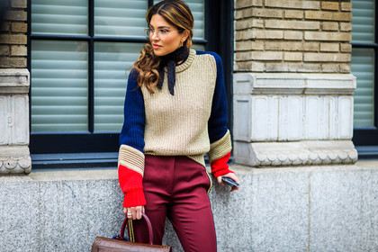 atmosphere details, AUTUMN WINTER 2016-2017, AW 16-17, beige, beige knit, black, black scarf, black she, bordeaux, brown, brown bag, burgundy, detail, dots, fashion week, frenchystyle, FW, FW 16-17, graphic sweater, horizontal, jonathan paciullo, leather bag, navy, negin mirsalehi, NEW YORK, NYFW, polka dot, red, red pants, silk, street style, woman