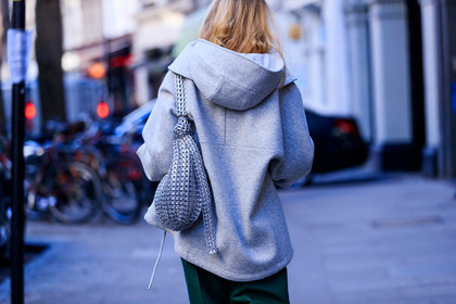 grey sweater, hoodie, leather bag, metallic bag, paco rabanne, silver bag, fashion week, frenchystyle, FW, jonathan paciullo, street style, LFW, LONDON, AUTUMN WINTER 2019-2020, AW 19-20, FW 19-20, FALL WINTER 2019-2020, horizontal, atmosphere details, detail