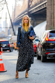 black bag, black dress, black jacket, black perfecto, blue bag, brown boots, graphic dress, high boots, high heels, leather bag, leather jacket, leather perfecto, leather shoes, printed dress, yellow sweater, street style, jonathan paciullo, FW, frenchystyle, fashion week, NYFW, NEW YORK, AUTUMN WINTER 2018-2019, AW 18-19, FALL WINTER 2018-2019, FW 18-19, vertical, full length, Charlotte Groeneveld