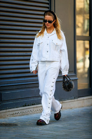 black bag, bordeaux, burgundy, denim jacket, denim pants, dr martens, headband, jeans, leather bag, leather shoes, red boots, studs, sunglasses, trousers, white denim, PARIS, PFW, street style, jonathan paciullo, FW, frenchystyle, fashion week, AUTUMN WINTER 2019-2020, AW 19-20, FALL WINTER 2019-2020, FW 19-20, vertical, full length