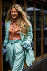 belted pants, blazer, check, checked shirt, color, Emili Sindlev, lanvin look, mint blazer, mint pants, pants, printed shirt, shirt, fashion week, frenchystyle, FW, jonathan paciullo, street style, PFW, PARIS, SPRING SUMMER 2022, SS 22, vertical, atmosphere details