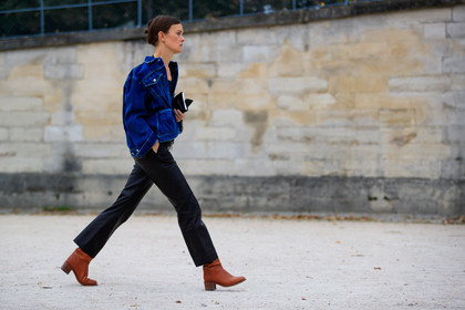 atmosphere details, black pants, blue denim, brown boots, denim jacket, fashion week, frenchystyle, full length, FW, horizontal, jo ellison, jonathan paciullo, leather pants, leather shoes, PARIS, PFW, SPRING SUMMER 2017, SS 17, street style, trousers